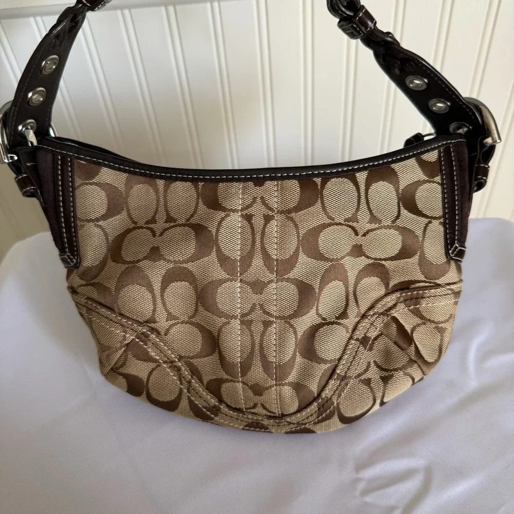Vintage Coach Signature Jacquard Small Soho Hobo Bag Brown Tan Leather Y2K Purse